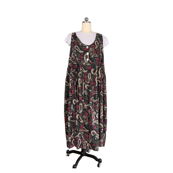 Kathryn Deene Dresses & Skirts - Vintage Jumper Dress Grunge Dark Floral Paisley 90s Fall Pockets Green Red 14 16